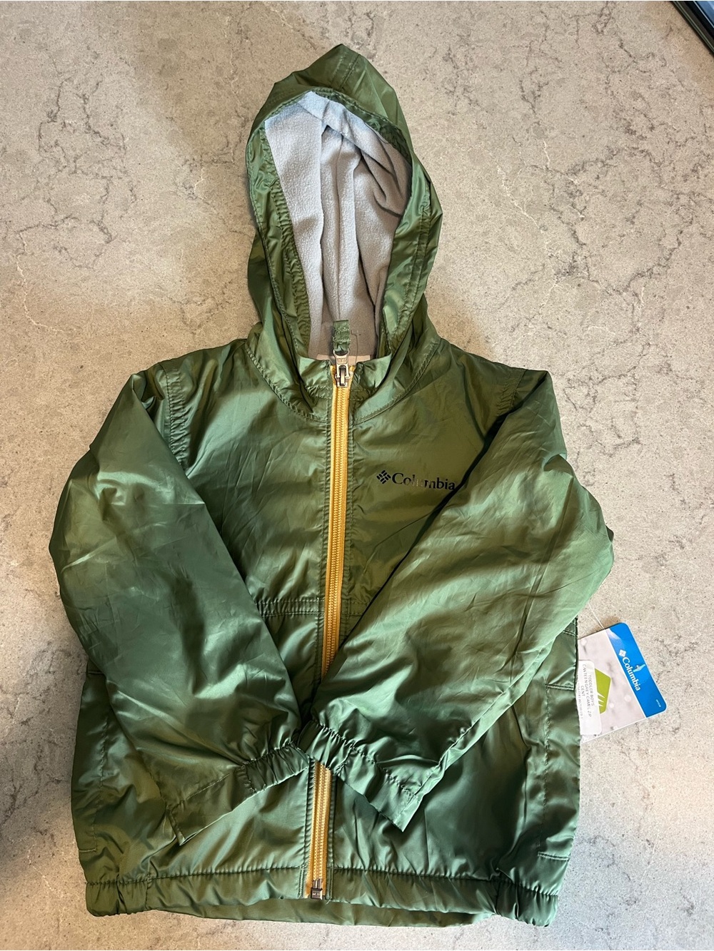 Columbia Green Hooded Rain Jacket with Yellow Zipper